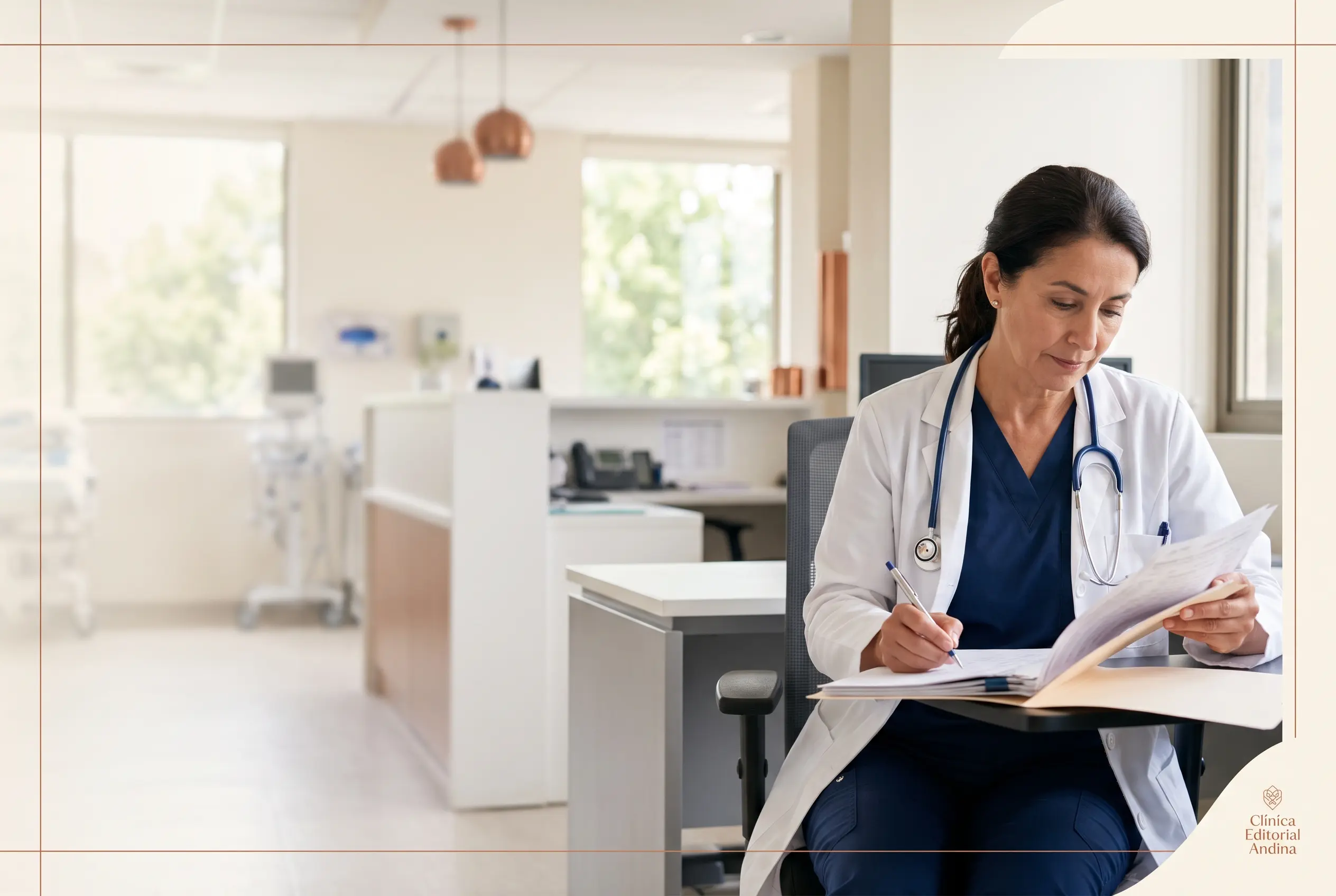 Médica especialista revisando documentación clínica